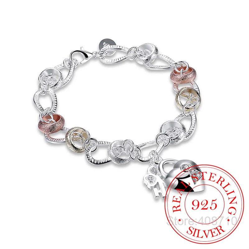 925 Silver Bracelet Crystal Heart Lock Flower Droplets Lobster Clasp