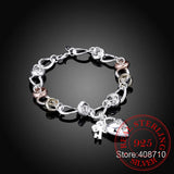 925 Silver Bracelet Crystal Heart Lock Flower Droplets Lobster Clasp