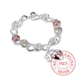 925 Silver Bracelet Crystal Heart Lock Flower Droplets Lobster Clasp
