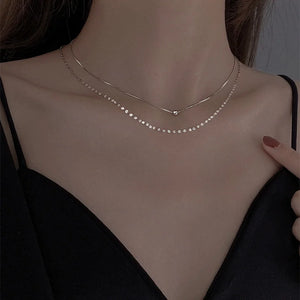 925 Silver Necklace Double Round Bead Pendant Choker NK080