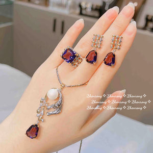 925 Silver AAAAA CZ Leopard Pearl Pendant Necklace & Ring Set