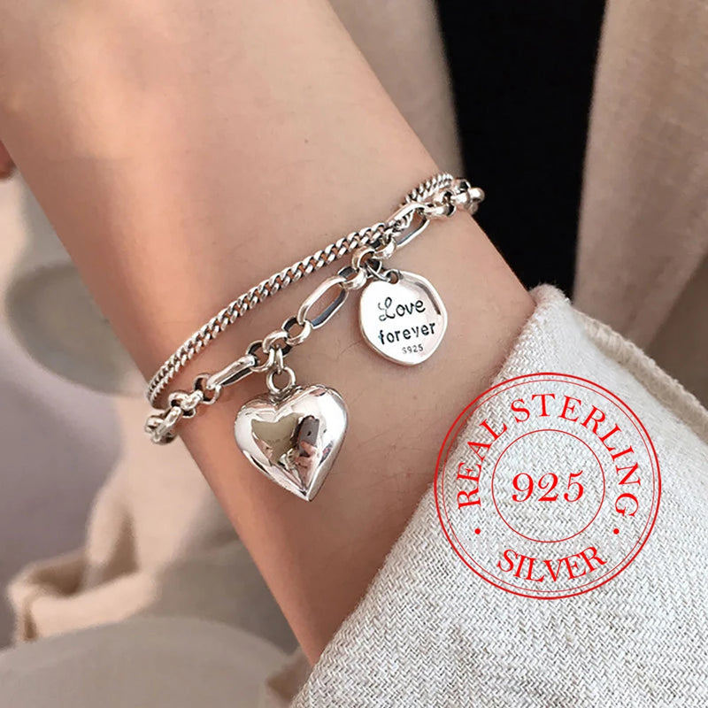 925 Silver Love Letter Heart Double Layer Bracelet Thai Silver