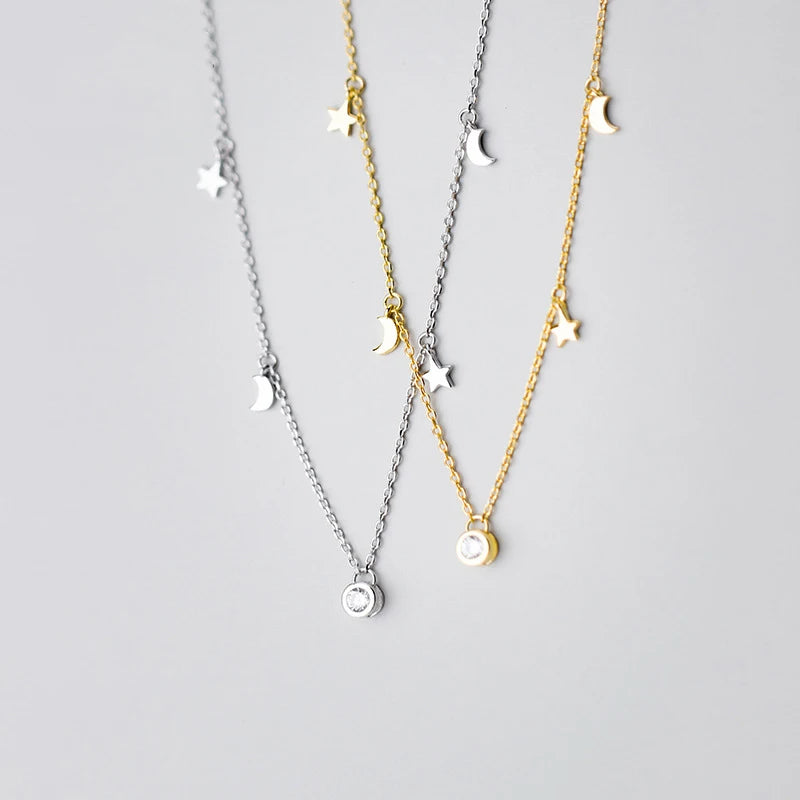 925 Silver Moon Star Pendant Necklace Women Star Chokers