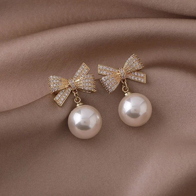 CZ Diamond Bead Bow Earrings for Women