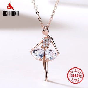 Ballet Dancer Pendant Necklace 925 Silver Real Rose Zircon Inlaid