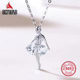 Ballet Dancer Pendant Necklace 925 Silver Real Rose Zircon Inlaid