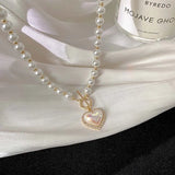 Pearl Bead Necklace Crystal Heart Pendant Wedding Party Jewelry