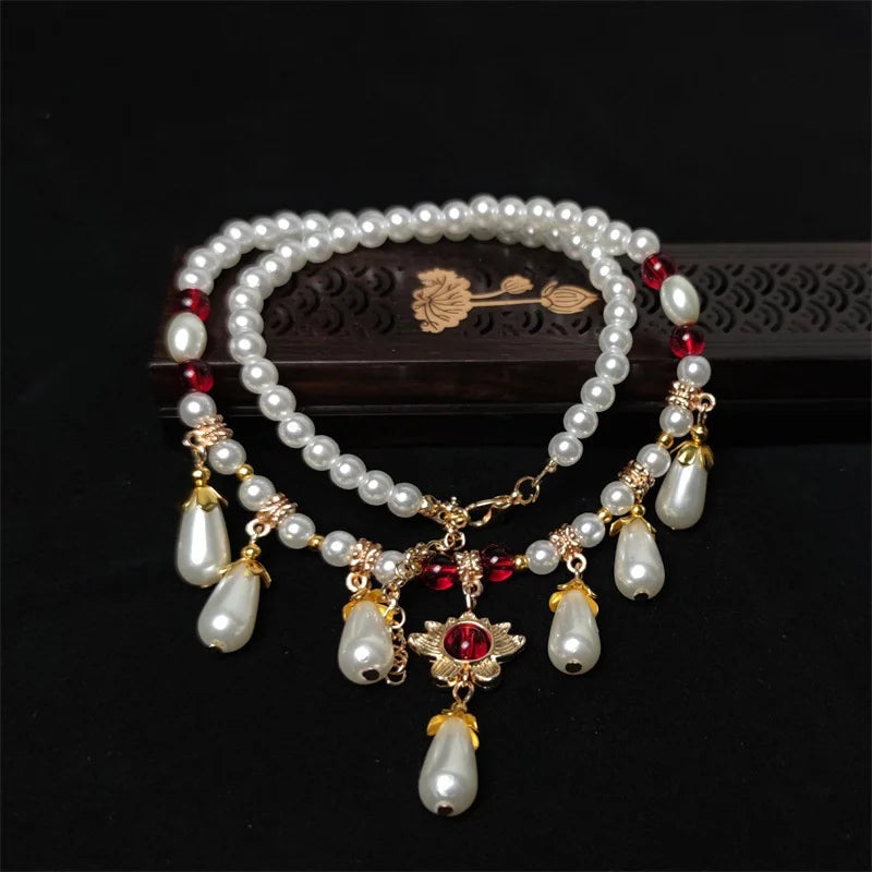 Pearl Bead Necklace Crystal Heart Pendant Wedding Party Jewelry