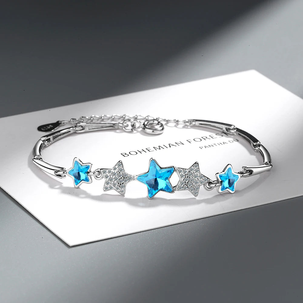 925 Silver CZ Crystal Pentagram Chain Bracelet Wedding Gift