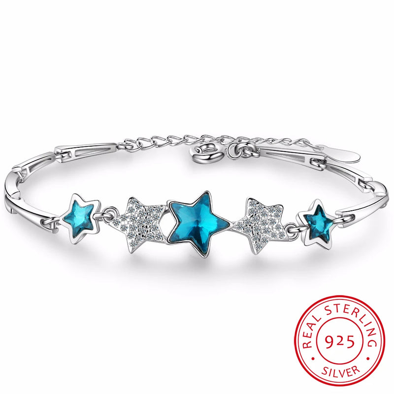 925 Silver CZ Crystal Pentagram Chain Bracelet Wedding Gift