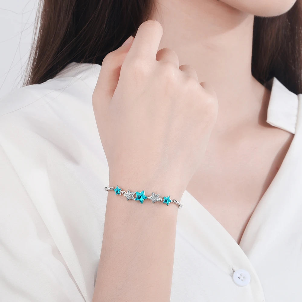 925 Silver CZ Crystal Pentagram Chain Bracelet Wedding Gift