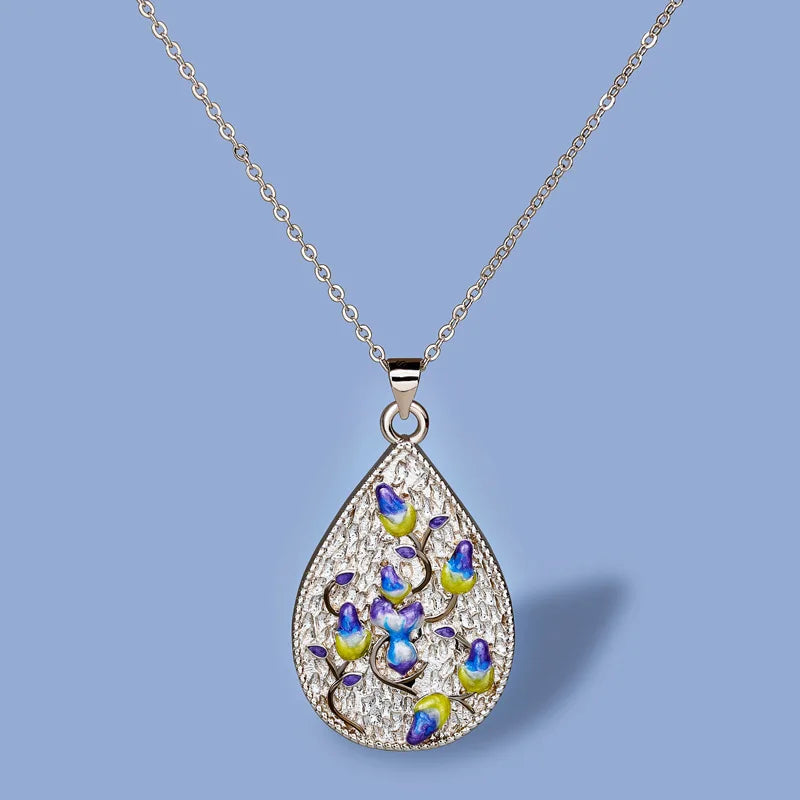 Flower Pendant Necklace 925 Silver Enamel Sweater Chain for Women