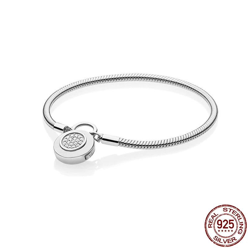 925 Silver Padlock Snake Bone Bracelet for Charm Beads DIY Gift