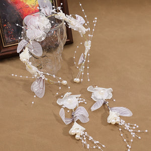 Pearl Flower Bridal Headband Earring Set Wedding Hair Jewelry