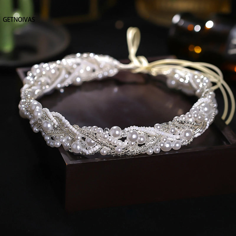 Bridal Pearls Headband Wedding Pearl Crown Romantic Girls Hair Jewelry