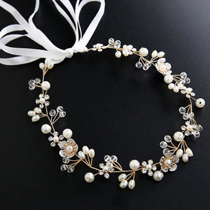 Crystal Pearl Flower Girl Headband Ribbon Headpiece Hair Jewelry