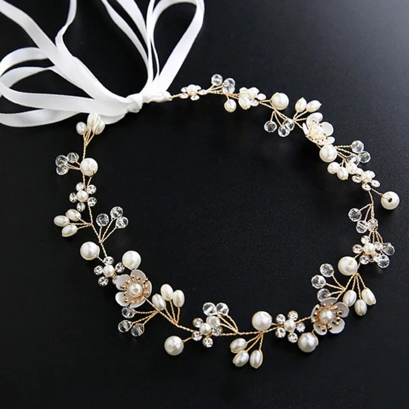 Crystal Pearl Flower Girl Headband Ribbon Headpiece Hair Jewelry