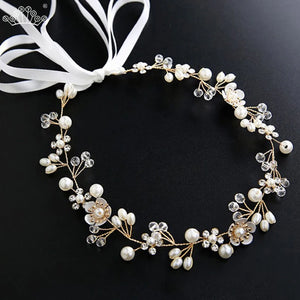 Crystal Pearl Flower Girl Headband Ribbon Headpiece Hair Jewelry