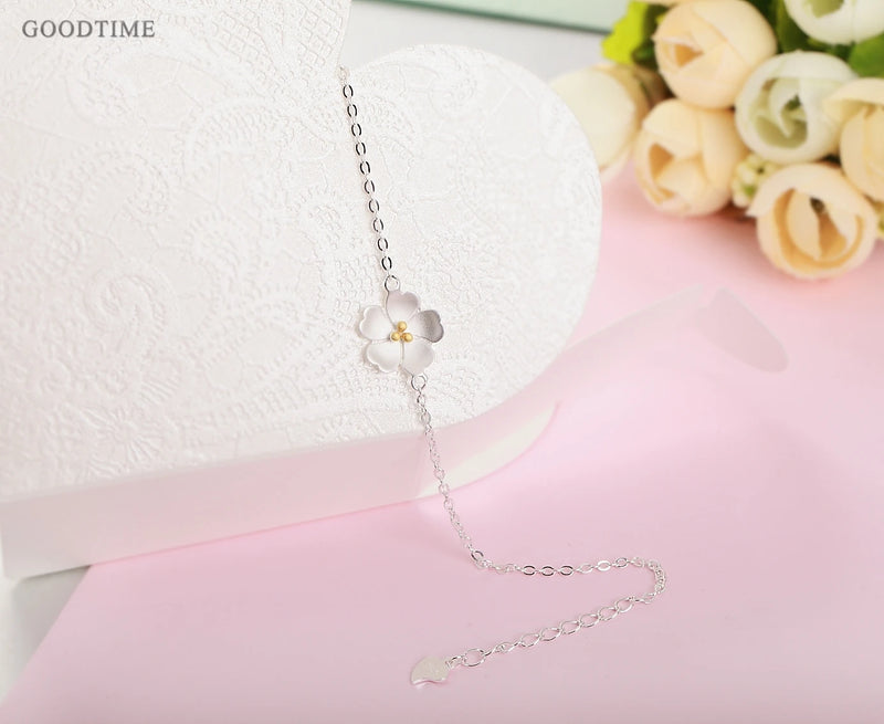 Cherry Blossom Shape 925 Sterling Silver Bracelet Rhinestone Heart Jewelry