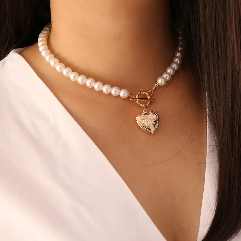 Choker Necklace Women Statement Love Necklace Pearl Heart Pendant