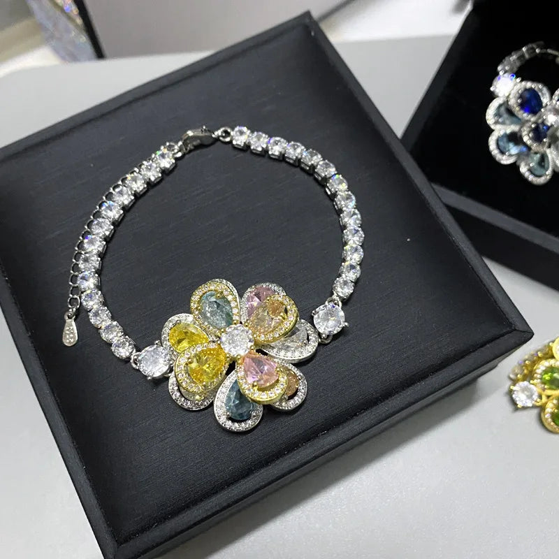 CZ 925 Silver Bracelets for Women Flower Petal Charm Bangle Chain Jewelry