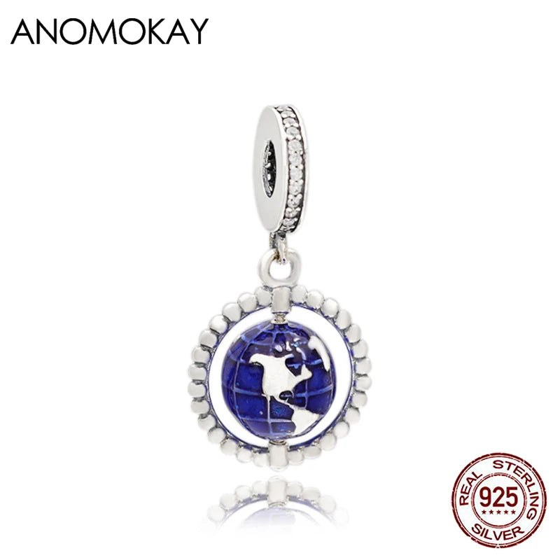 Dark Rotatable Globe Charm Pendant 925 Silver Bead Crystal Set