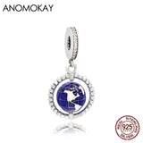 Dark Rotatable Globe Charm Pendant 925 Silver Bead Crystal Set