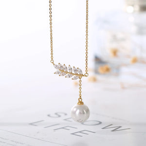 Pearl Inlaid Feather Pendant Sterling Silver Necklace for Girls