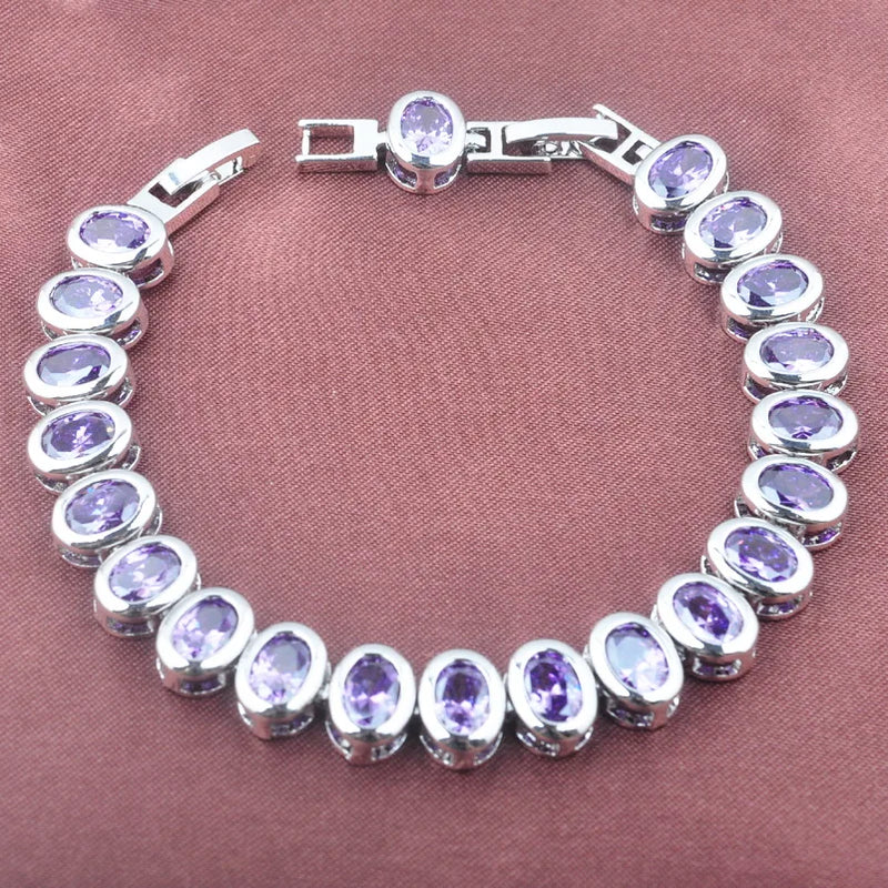 Purple Zirconia Silver Plated Link Chain Bracelet for Women