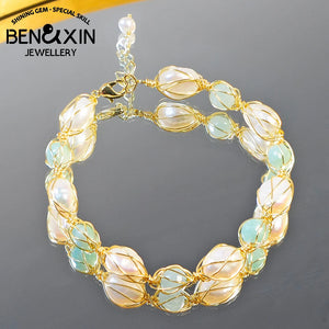 10-13mm Natural Pearl Bracelet Mint Crystal Women Fine Jewelry