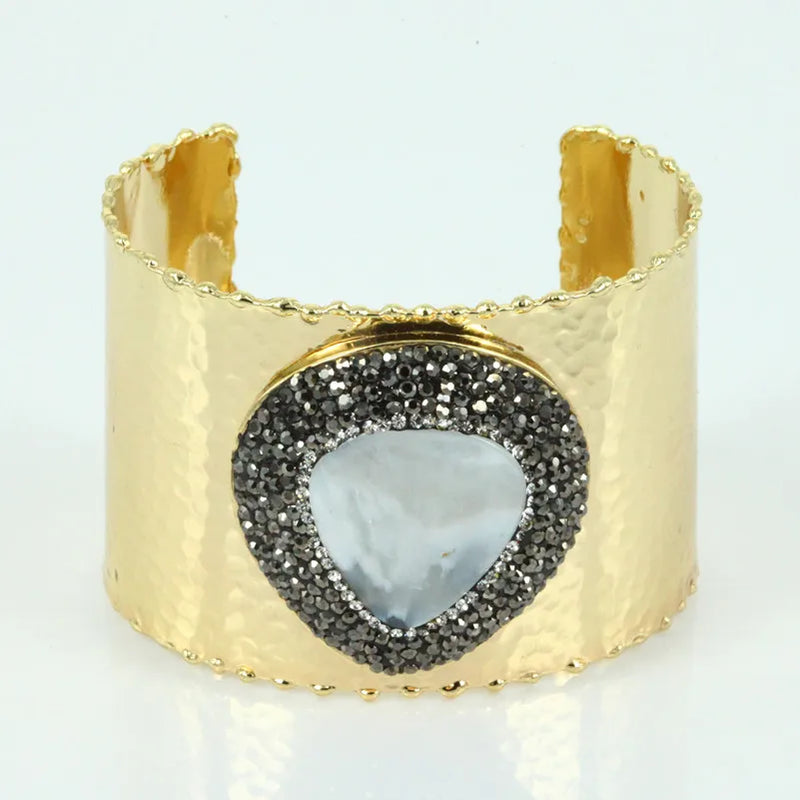 Snakeskin Cuff Bangles with Shell Beads and Rhinestone Charm