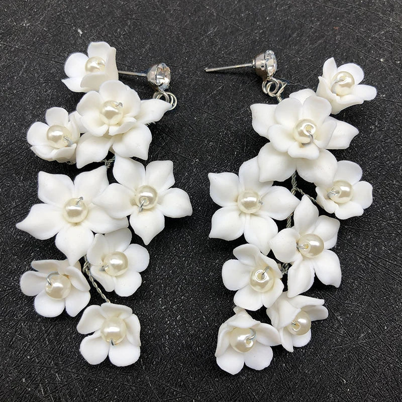 Ceramic Flower Dangle Drop Earrings: Bridal Wedding Accessory