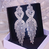 Long Tassel Earrings Silver Rhinestone Drop Dangle Earring for Women