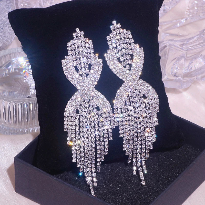 Long Tassel Earrings Silver Rhinestone Drop Dangle Earring for Women