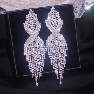 Long Tassel Earrings Silver Rhinestone Drop Dangle Earring for Women