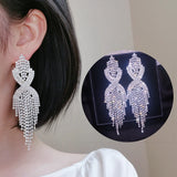 Long Tassel Earrings Silver Rhinestone Drop Dangle Earring for Women