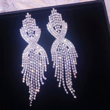 Long Tassel Earrings Silver Rhinestone Drop Dangle Earring for Women