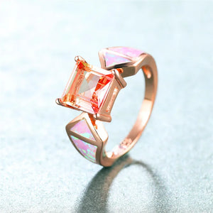 Square Crystal Rainbow Stone Ring Pink Opal Engagement Vintage Rose Wedding