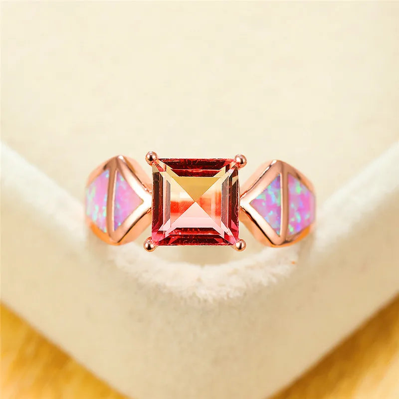 Square Crystal Rainbow Stone Ring Pink Opal Engagement Vintage Rose Wedding
