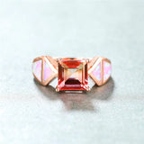 Square Crystal Rainbow Stone Ring Pink Opal Engagement Vintage Rose Wedding