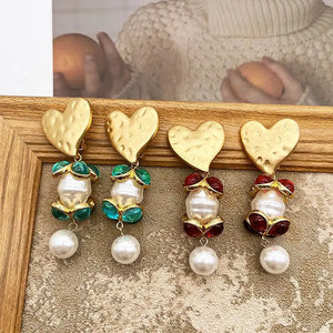 Flower Heart Pearls Drop Clip Earrings Pendant Red Women Accessories