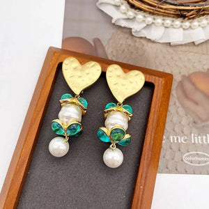 Flower Heart Pearls Drop Clip Earrings Pendant Red Women Accessories
