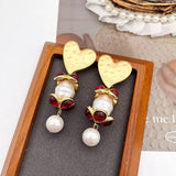 Flower Heart Pearls Drop Clip Earrings Pendant Red Women Accessories