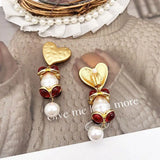 Flower Heart Pearls Drop Clip Earrings Pendant Red Women Accessories