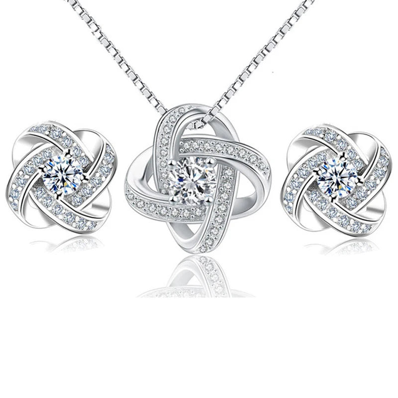 925 Silver Flower Jewelry Set Necklace Earrings Ring Gift