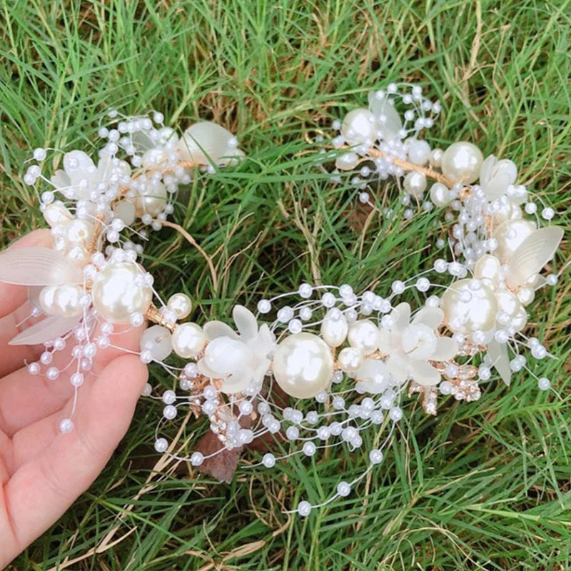 Flower Pearl Headband Crystal Tiara Wedding Bride Beaded Headdress