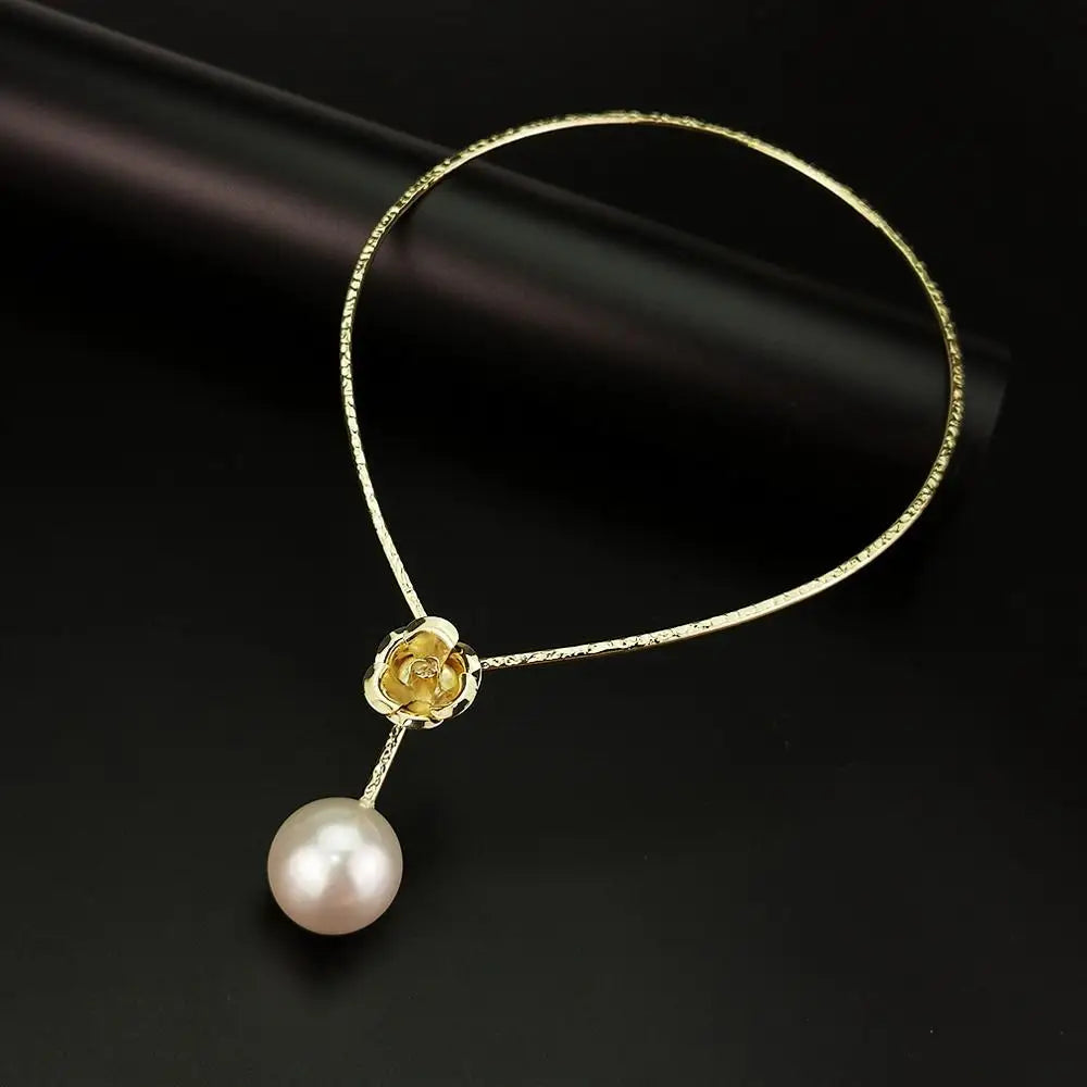 Vintage Flowers Necklace Torques Collar Choker with Pearl Pendants