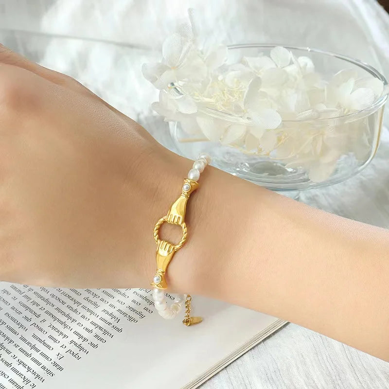 Freshwater Pearl Bracelet 18K Plated Stainless Steel Hands Bangle