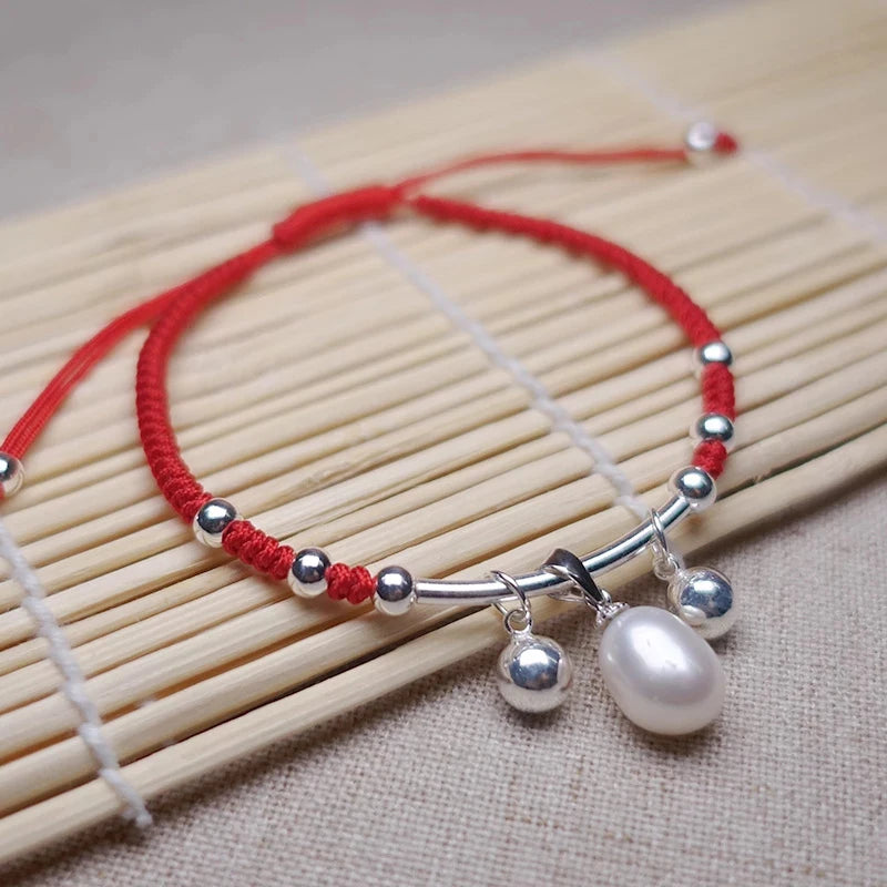 Freshwater Pearl Pendant Bracelet 925 Sterling Silver Red Thread