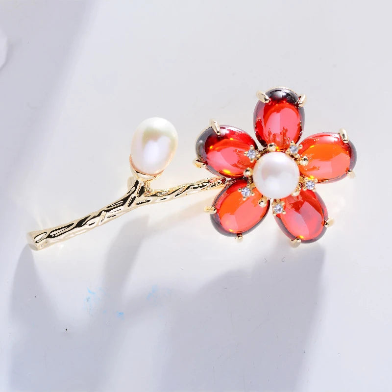 Freshwater Pearl Women Brooch Pin Green Red Flower Corsage Jewelry
